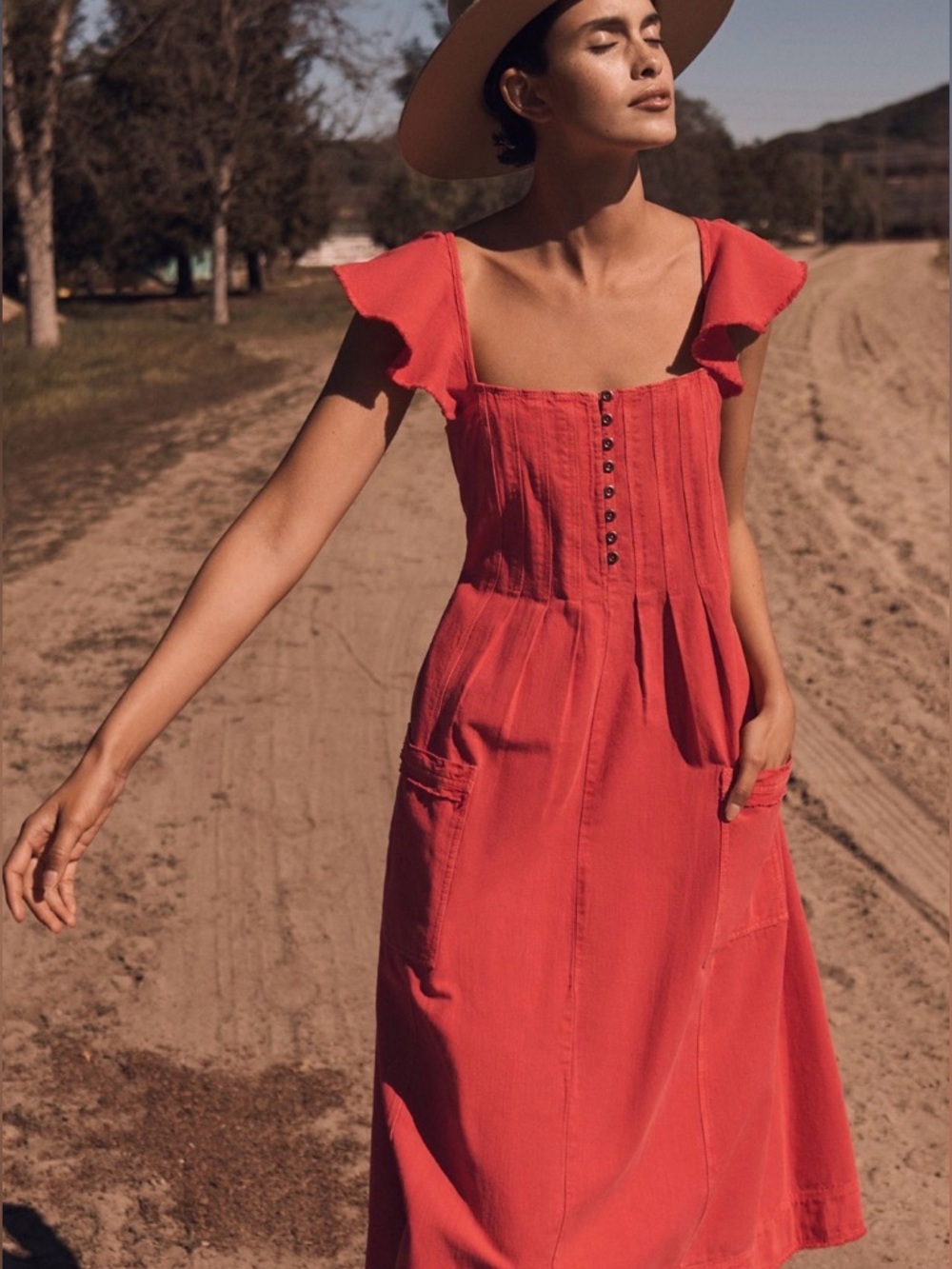 Anthropologie Pilcro Flutter Sleeve Midi Dress in Red Pattern, Small